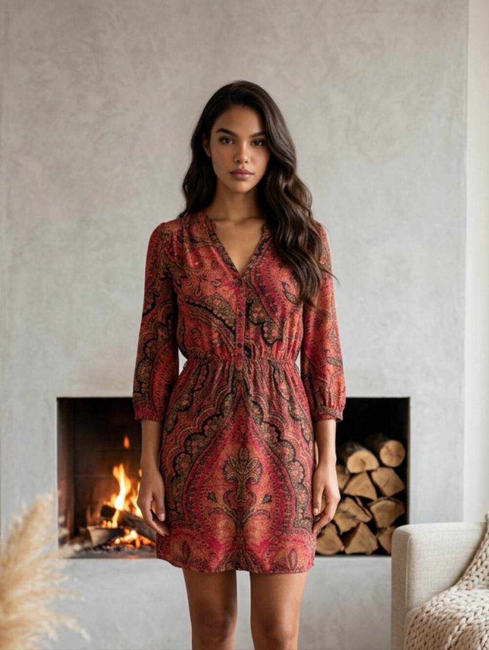 Lucky Brand Red and Black Paisley Mini Dress